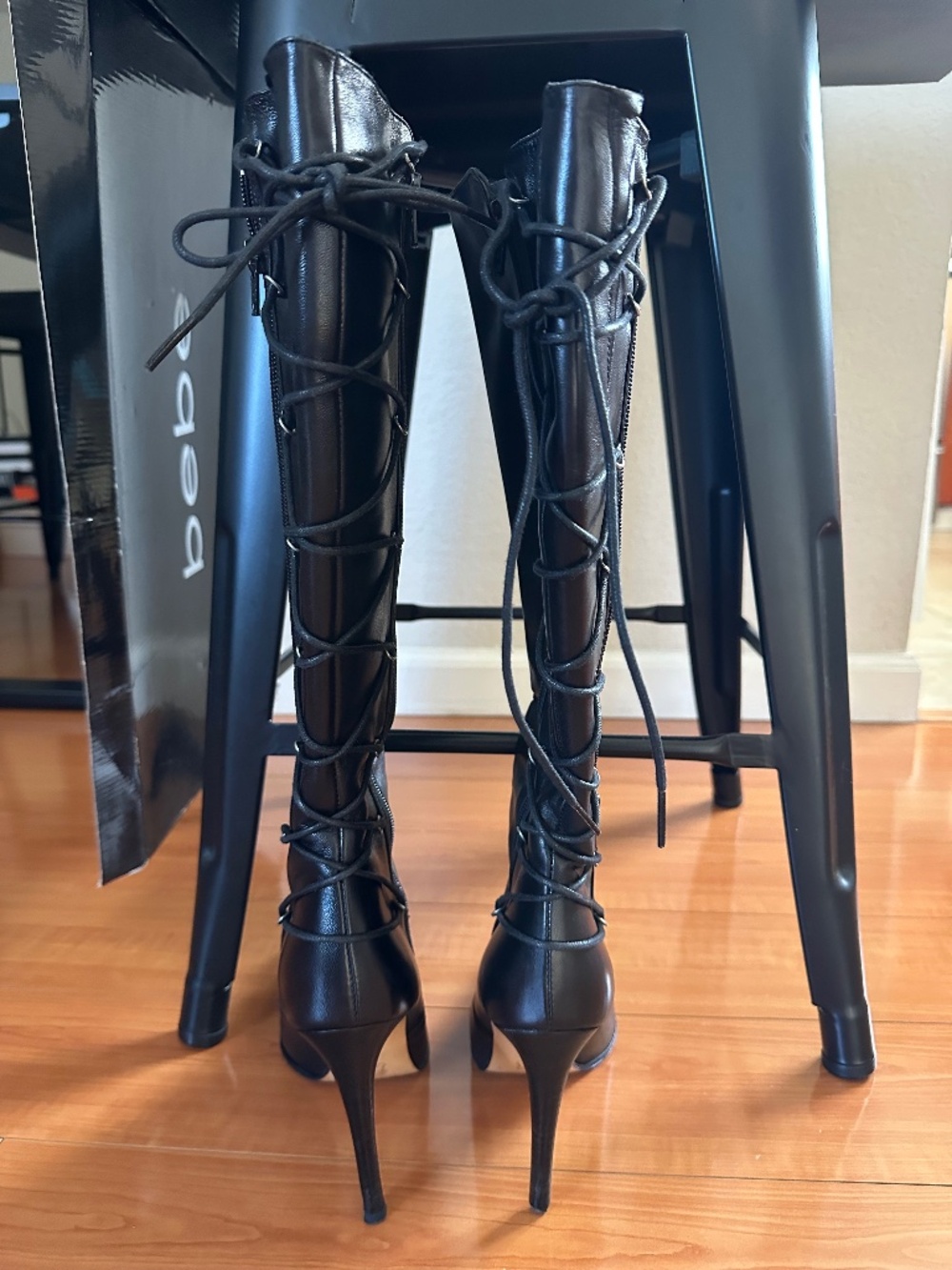 Vintage Y2K Bebe Black Leather Lace Up Pointed Toe Stiletto Knee High Boots Spai
